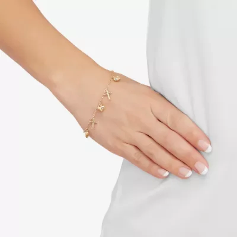 Gold Addiction Womens 10K Gold Cross Heart Charm Bracelet