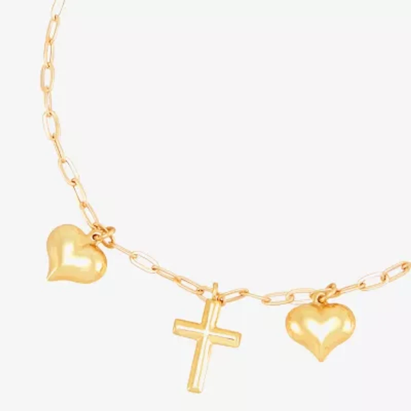 Gold Addiction Womens 10K Gold Cross Heart Charm Bracelet