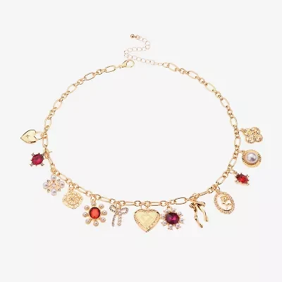 Bijoux Bar Gold Tone Womens Red 16 Inch Statement Necklace