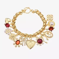 Bijoux Bar Gold Tone Womens Green Glass Heart Charm Bracelet
