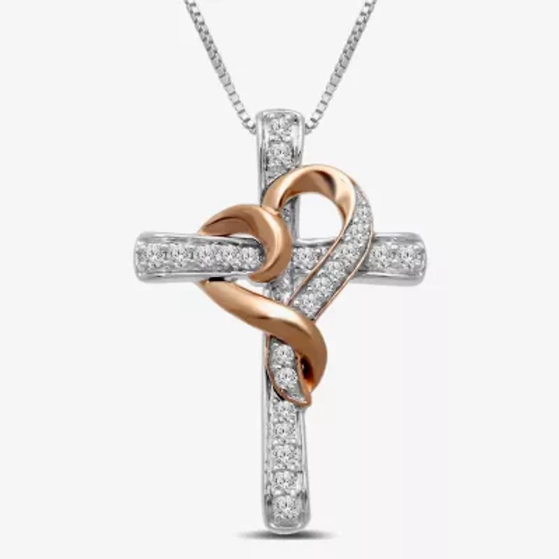 Hallmark Diamonds Womens 1/4 CT. T.W. Natural White Diamond 14K Rose Gold Over Silver Sterling Silver Cross Heart 18 Inch Pendant Necklace