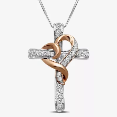 Hallmark Diamonds Womens 1/4 CT. T.W. Natural White Diamond 14K Rose Gold Over Silver Sterling Silver Cross Heart 18 Inch Pendant Necklace
