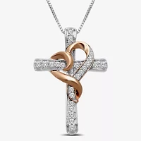 Hallmark Diamonds Womens 1/4 CT. T.W. Natural White Diamond 14K Rose Gold Over Silver Sterling Silver Cross Heart 18 Inch Pendant Necklace