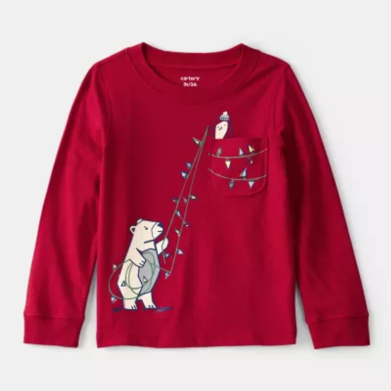 Carter's Holiday Toddler Boys Round Neck Long Sleeve Regular Fit Graphic T-Shirt