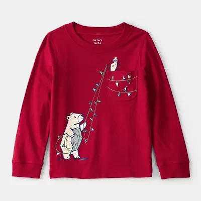 Carter's Holiday Toddler Boys Round Neck Long Sleeve Regular Fit Graphic T-Shirt