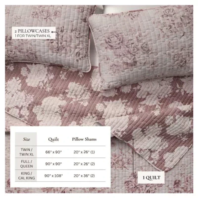 Linery Reversible Boho Floral With Scalloped Detail Cotton Quilt Set