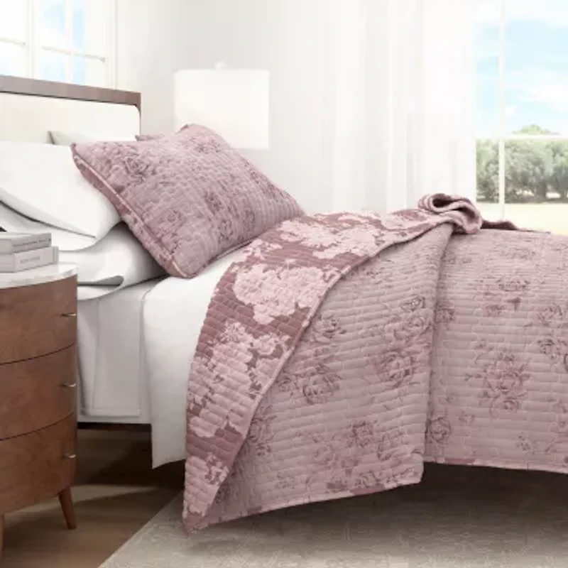 Linery Reversible Boho Floral With Scalloped Detail Cotton Quilt Set
