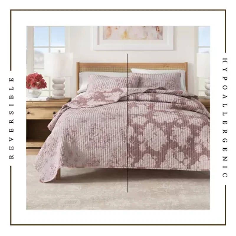Linery Reversible Boho Floral With Scalloped Detail Cotton Quilt Set