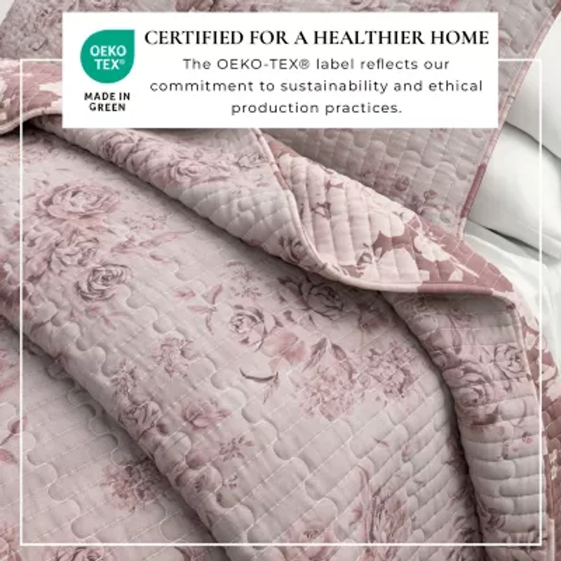 Linery Reversible Boho Floral With Scalloped Detail Cotton Quilt Set