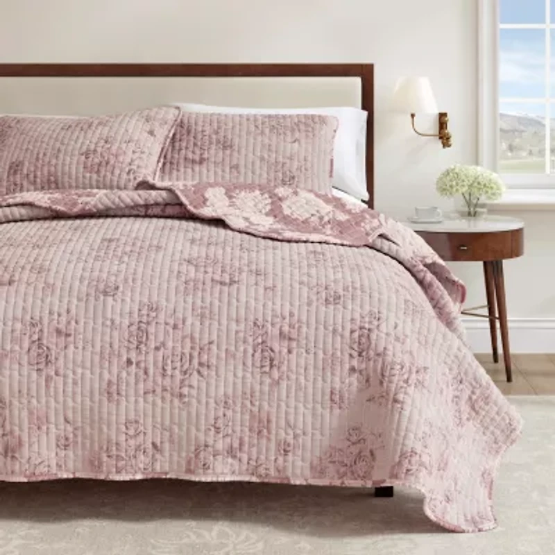 Linery Reversible Boho Floral With Scalloped Detail Cotton Quilt Set
