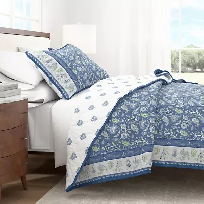 Linery Bordered Boho Floral Cotton Quilt Set Reversible