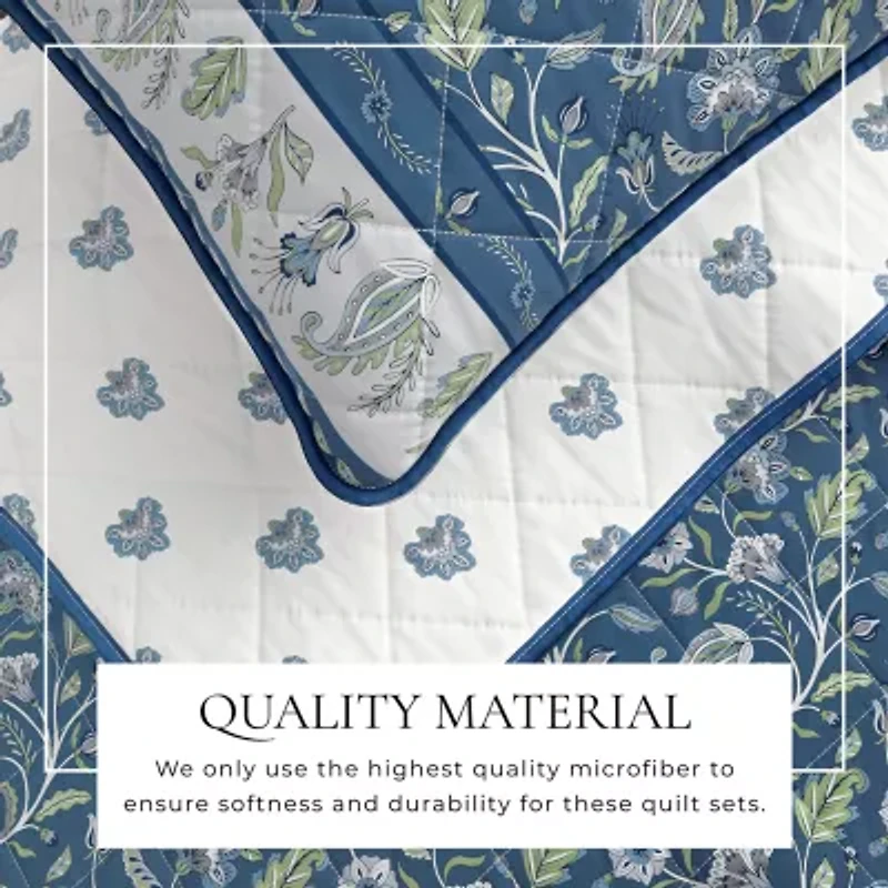 Linery Bordered Boho Floral Cotton Quilt Set Reversible