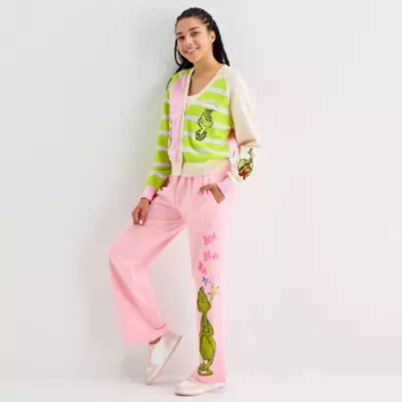 Womens Long Sleeve Button Grinch Juniors Striped Cardigan
