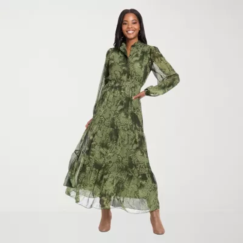 Clover And Sloane Womens Long Sleeve Leaf Maxi Dress