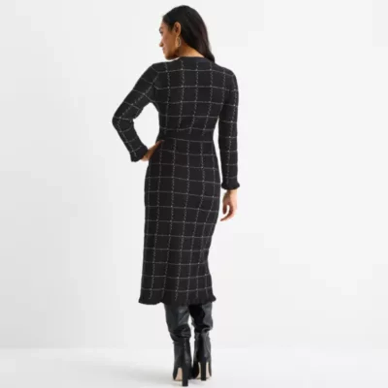 52seven Womens Long Sleeve Plaid Midi Sweater Dress