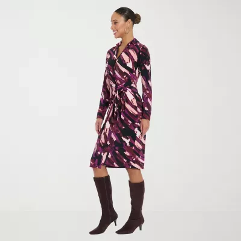 Clover And Sloane Womens Long Sleeve Midi Striped Sheath Dress