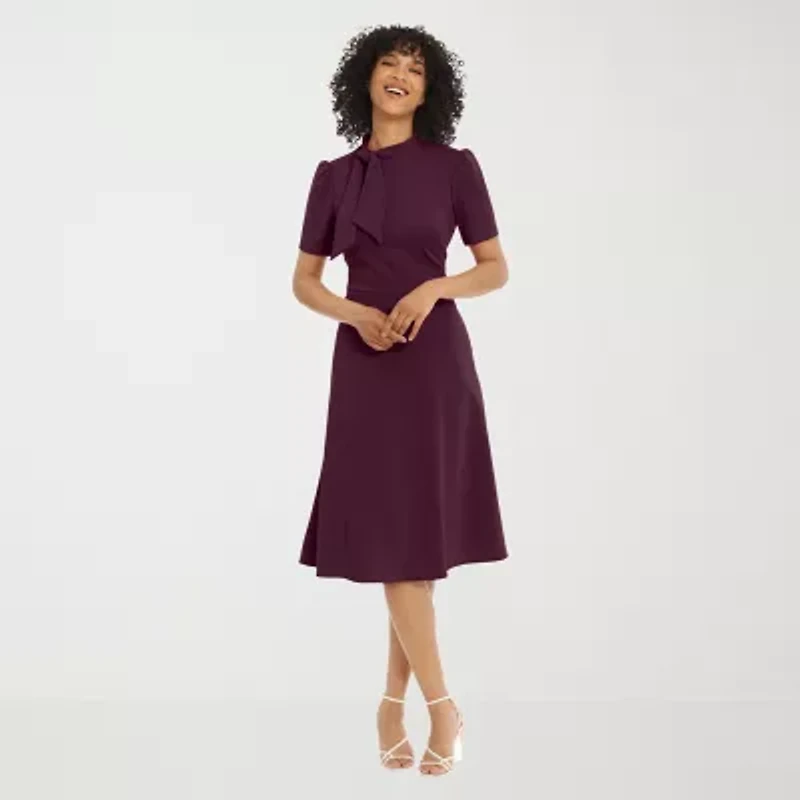 London Style Womens Short Sleeve Midi Fit + Flare Dress