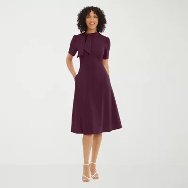 London Style Womens Short Sleeve Midi Fit + Flare Dress