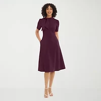 London Style Womens Short Sleeve Midi Fit + Flare Dress