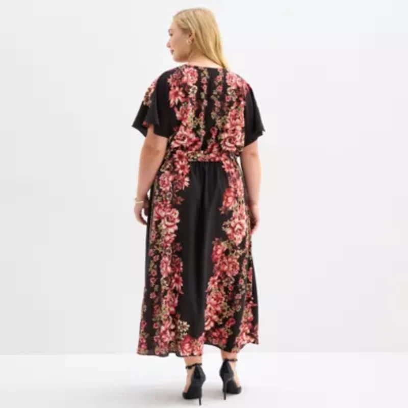 52seven Womens Short Sleeve Floral Plus Maxi Dress