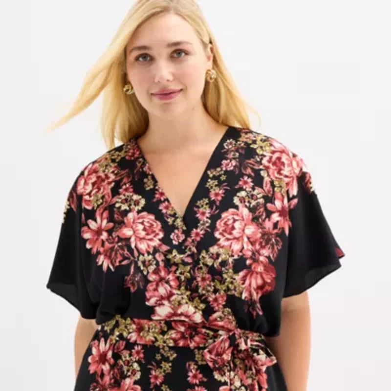 52seven Womens Short Sleeve Floral Plus Maxi Dress
