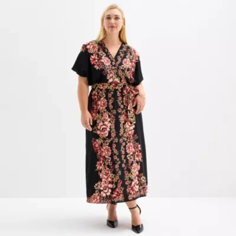 52seven Womens Short Sleeve Floral Plus Maxi Dress