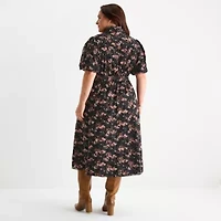 52seven Womens Plus Short Sleeve Midi Floral Shirt Dress