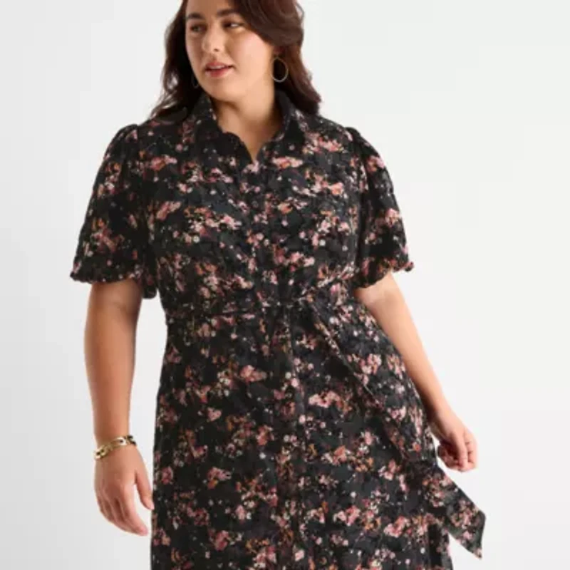 52seven Womens Plus Short Sleeve Midi Floral Shirt Dress