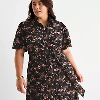 52seven Womens Plus Short Sleeve Midi Floral Shirt Dress