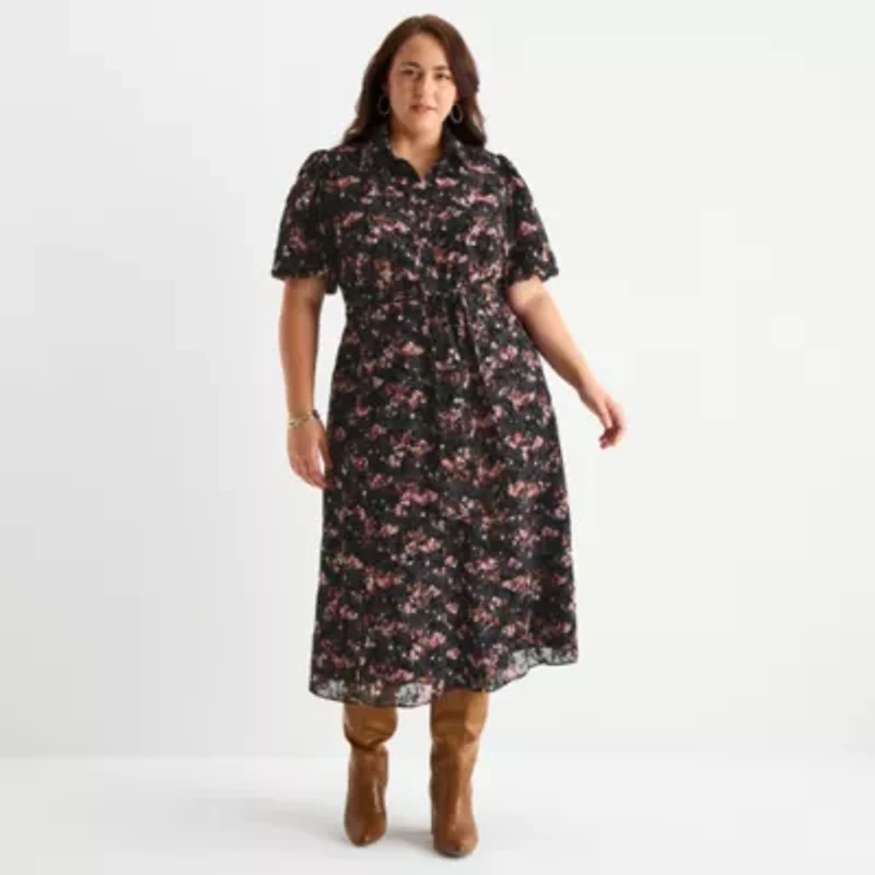 52seven Womens Plus Short Sleeve Midi Floral Shirt Dress