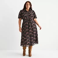 52seven Womens Plus Short Sleeve Midi Floral Shirt Dress