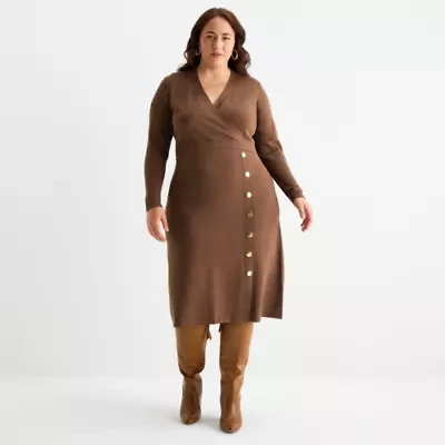 Maia Womens Plus Long Sleeve Midi Sweater Dress