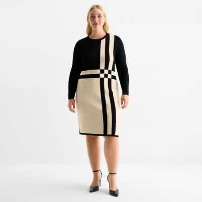Danny & Nicole Womens Plus Long Sleeve Striped Sweater Dress