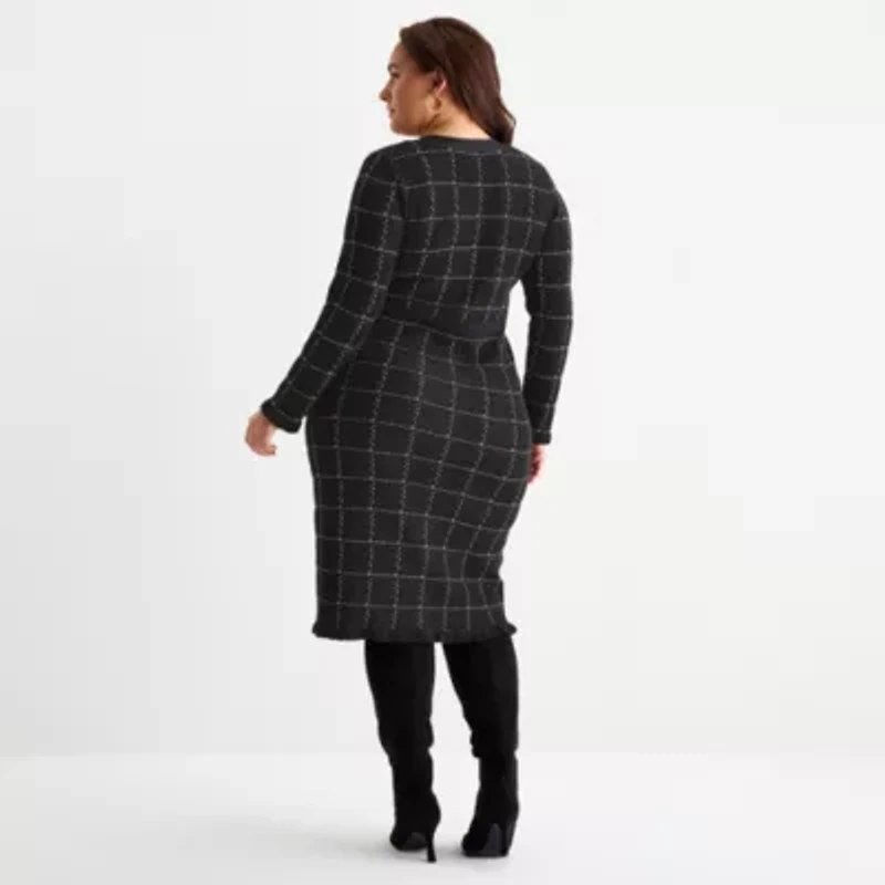 52seven Womens Plus Long Sleeve Windowpane Midi Sweater Dress