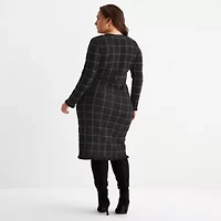 52seven Womens Plus Long Sleeve Windowpane Midi Sweater Dress