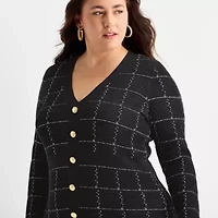 52seven Womens Plus Long Sleeve Windowpane Midi Sweater Dress