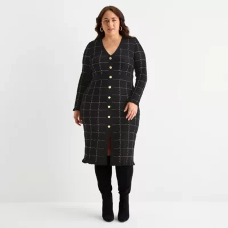 52seven Womens Plus Long Sleeve Windowpane Midi Sweater Dress