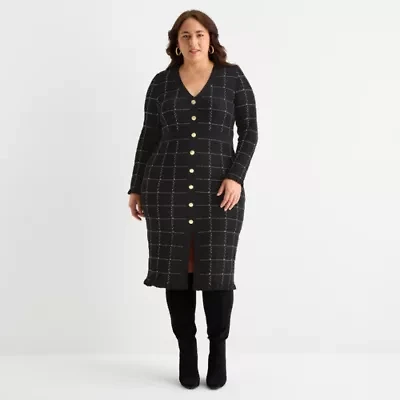 52seven Womens Plus Long Sleeve Windowpane Midi Sweater Dress