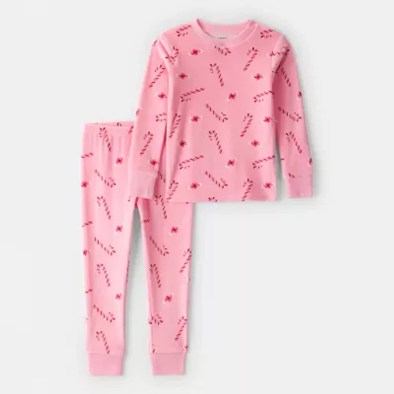 Carter's Family Matching Candy Cane Toddler Girls Velour Round Neck Long Sleeve 2-pc. Pajama Sets