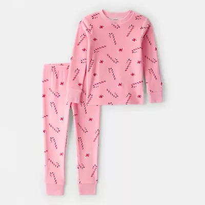 Carter's Family Matching Candy Cane Toddler Girls Velour Round Neck Long Sleeve 2-pc. Pajama Sets