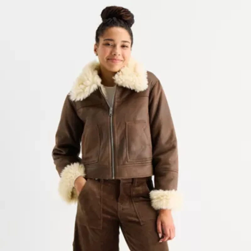 Arizona Womens Faux Shearling Midweight Juniors Bomber Jacket