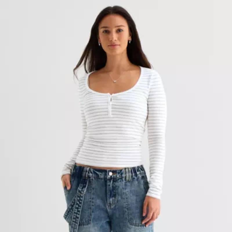 Forever 21 Womens Juniors Long Sleeve Fitted Henley Shirt