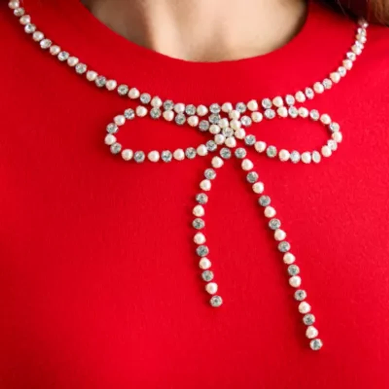 Liz Claiborne Womens Crew Neck Embellished Long Sleeve Pullover Sweater