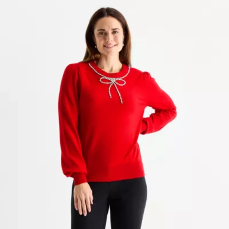 Liz Claiborne Womens Crew Neck Embellished Long Sleeve Pullover Sweater