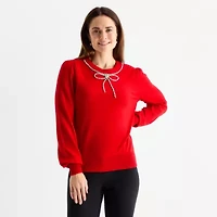 Liz Claiborne Womens Crew Neck Embellished Long Sleeve Pullover Sweater