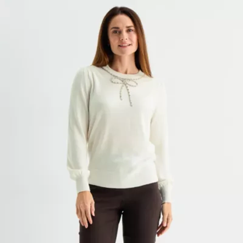 Liz Claiborne Womens Crew Neck Embellished Long Sleeve Pullover Sweater