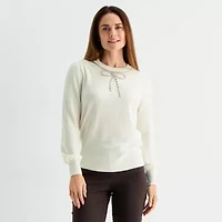 Liz Claiborne Womens Crew Neck Embellished Long Sleeve Pullover Sweater