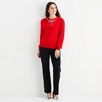 Liz Claiborne Womens Crew Neck Embellished Long Sleeve Pullover Sweater