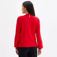 Liz Claiborne Womens Crew Neck Embellished Long Sleeve Pullover Sweater