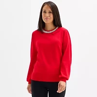 Liz Claiborne Womens Crew Neck Embellished Long Sleeve Pullover Sweater